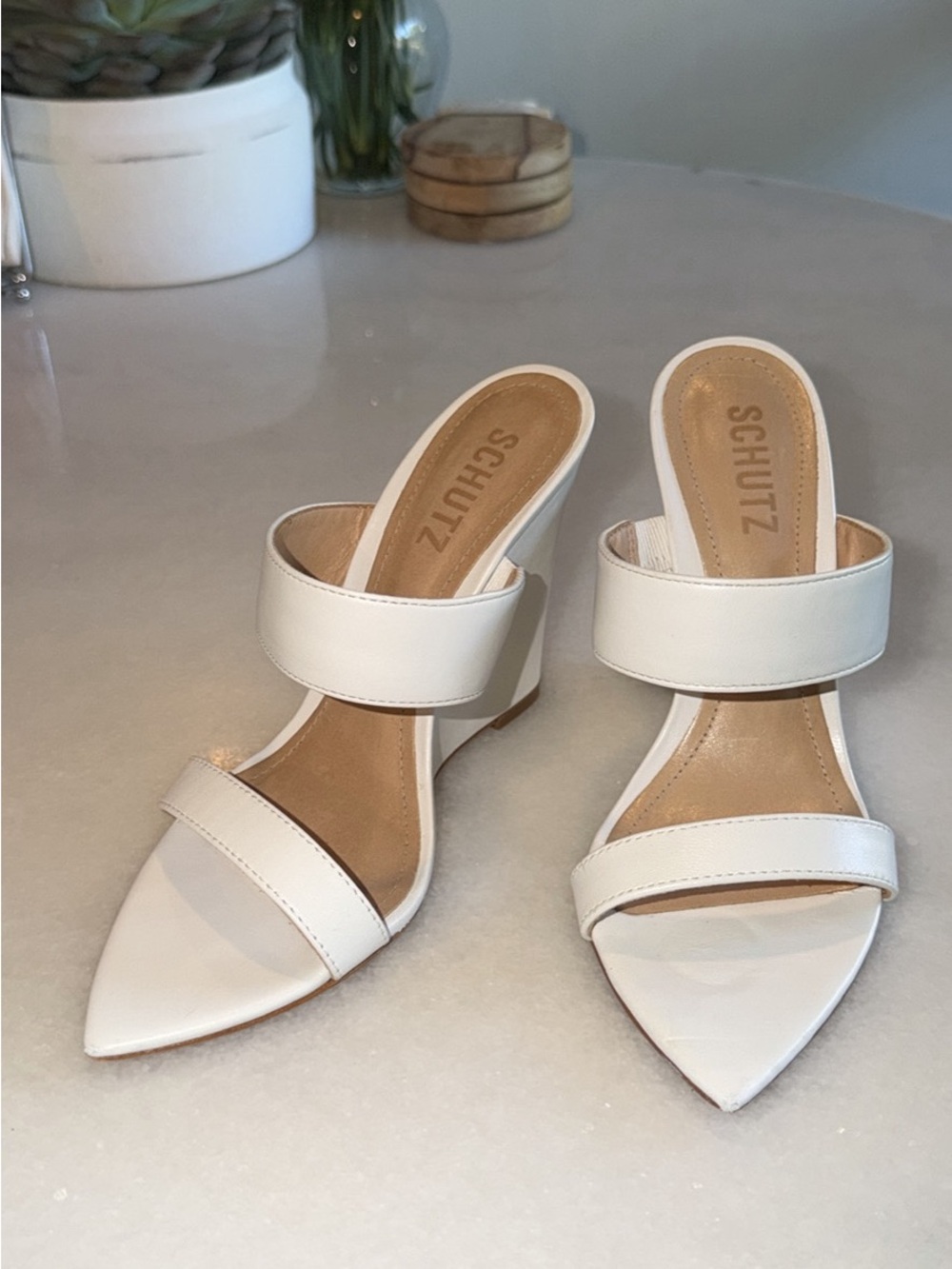 SCHUTZ White Pointed Toe Double-Strap Wedges